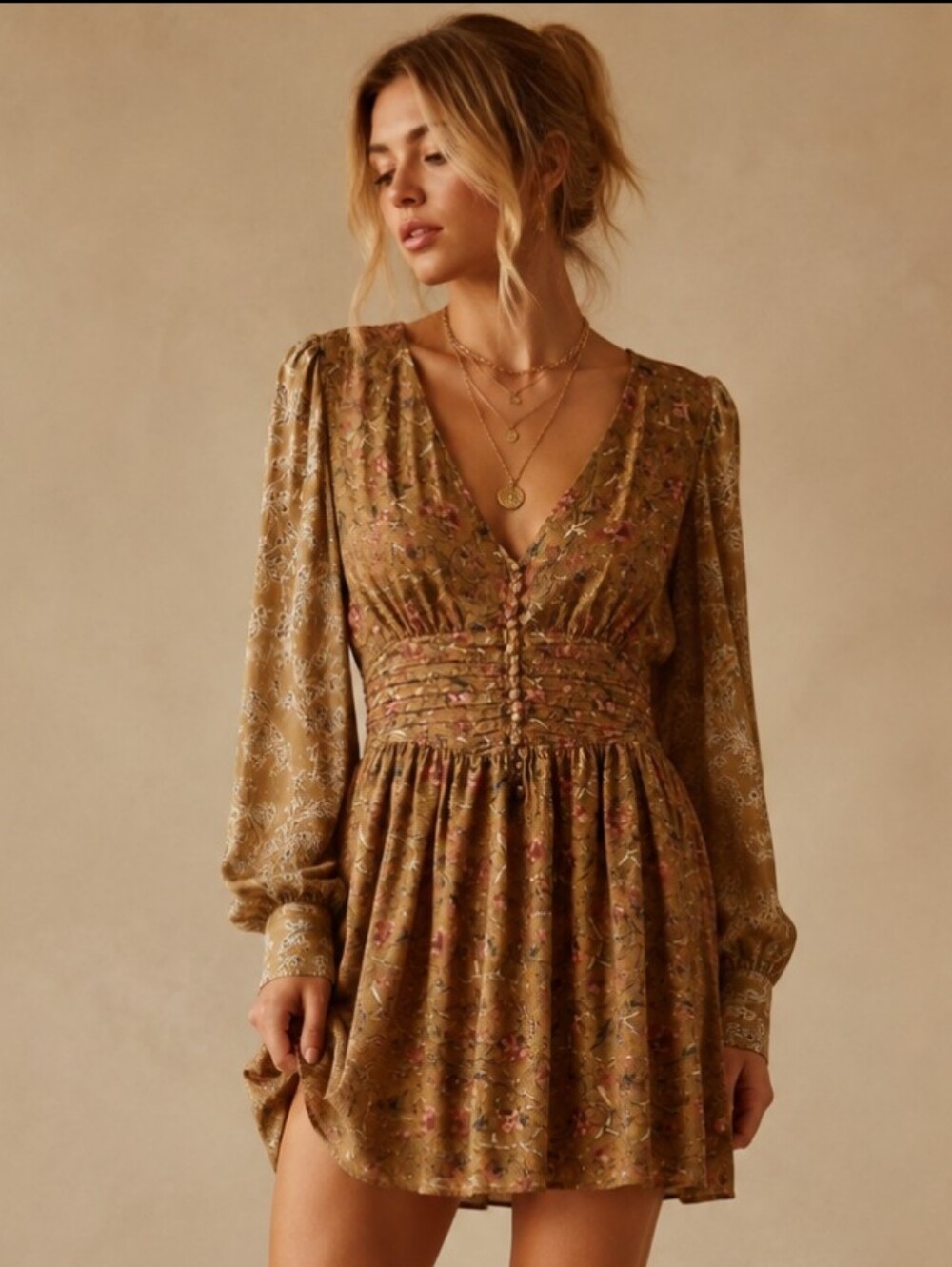 House Of Harlow 1960 Gold Floral Long Sleeve Mini Dress Small NWOT